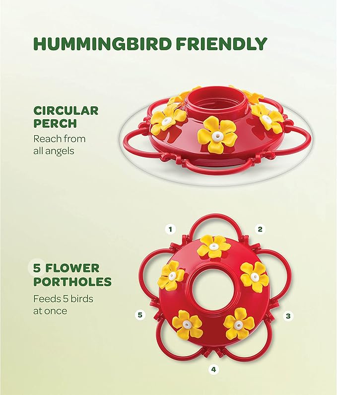 Hummingbird Feeder 10 oz Glass Hummingbird Feeders for Outdoors, with Built-in Ant Guard - Circular Perch with 5 Feeding Ports - Wide Mouth for Easy Filling/2 Part Base for Easy Cleaning