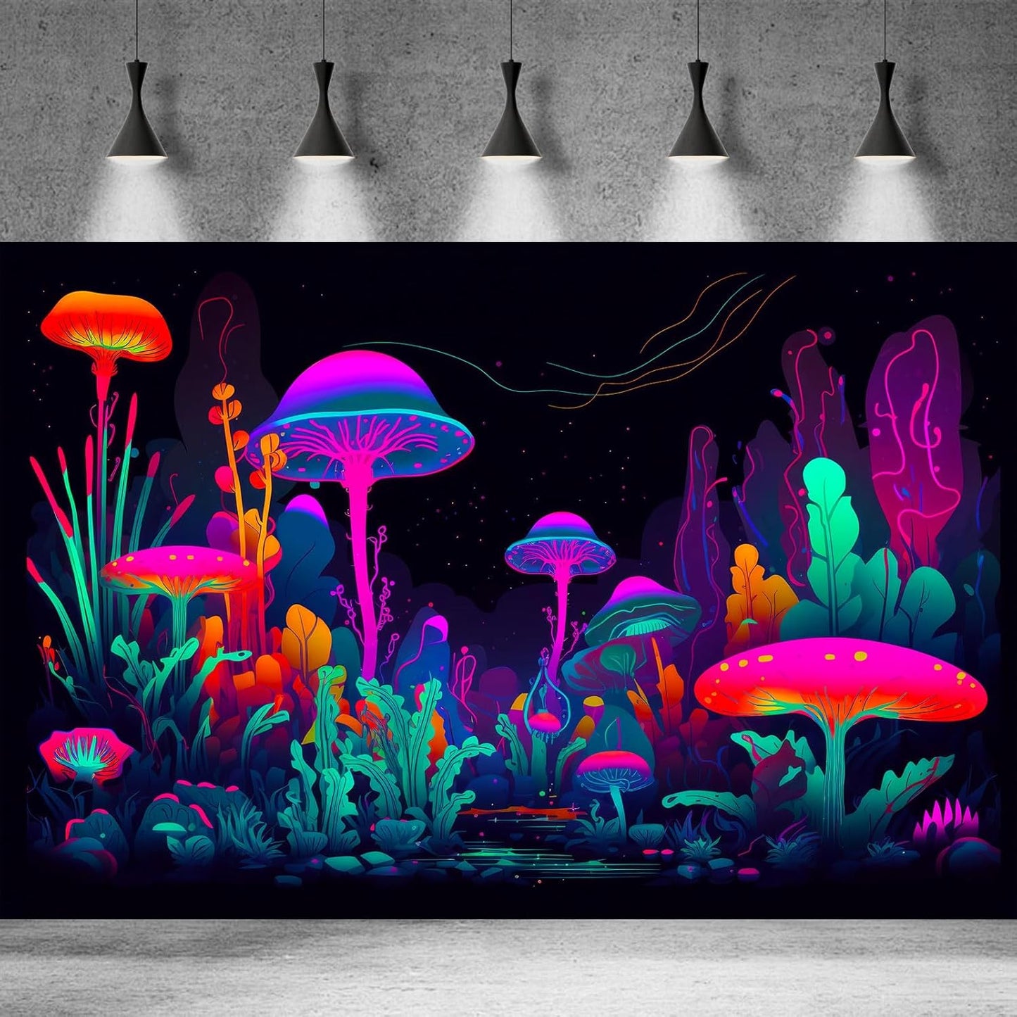Mushrooms Aquarium Background Mushrooms in Dark Forest with Bright Colors Terrarium Background Tranquil Lake Cartoon Style Aquatic Plants Fish Tank Backdrop Poster Decorations Wallpaper Decor 72x24in