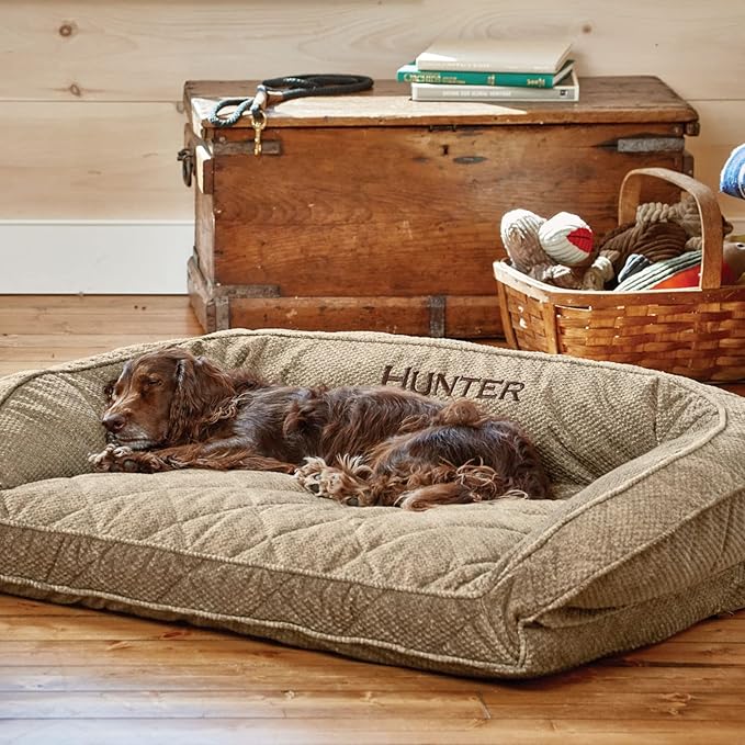 Orvis ComfortFill-Eco Bolster Dog Bed - Plush Rectangular Dog Beds with Three-Sided Bolster for Leaning, Brown Tweed - M