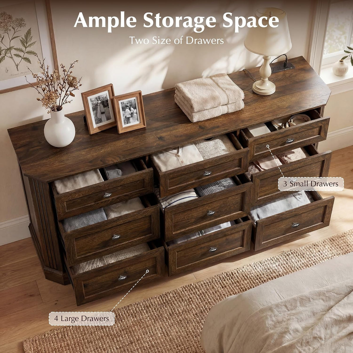 Farmhouse 9 Drawers Walnut Dresser for Bedroom, 63.07" Wide Chest of Drawers w/Charging Station & Vintage Beveled Design, Wood Long Dresser TV Stand,Closet Clothes Storage Organizer for Living Room