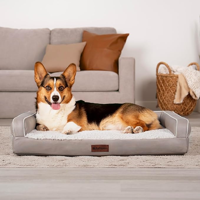 Furhaven Orthopedic Dog Sofa Bed – Memory Foam Couch with Bolsters, Textured Plush & Water-Resistant Cover, Washable Cover, Joint Support - Greige, Medium