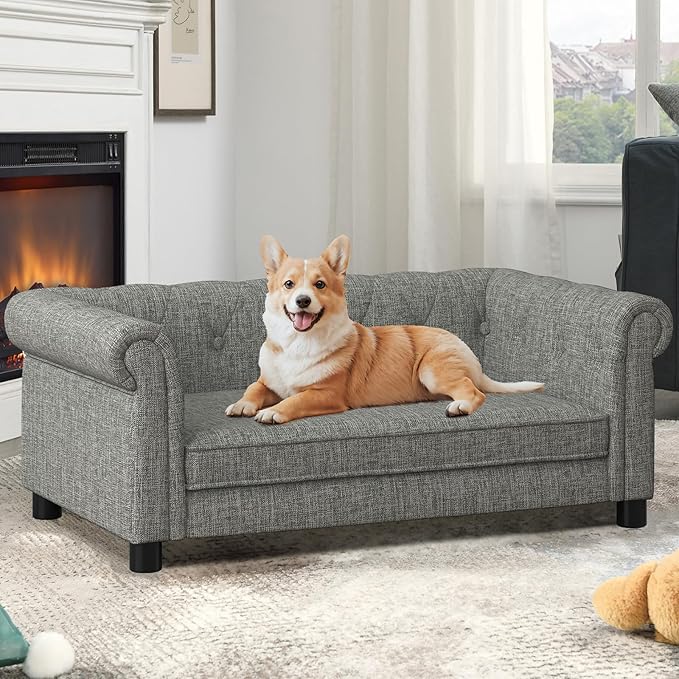 Elevated Rectangle Dog Sofa for Small & Medium Dogs - Comfortable Linen Fabric Dog Bed with Button Tufted Back, Durable Modern and Stylish Pet Bed for Living Room, Bedroom (Light Grey)
