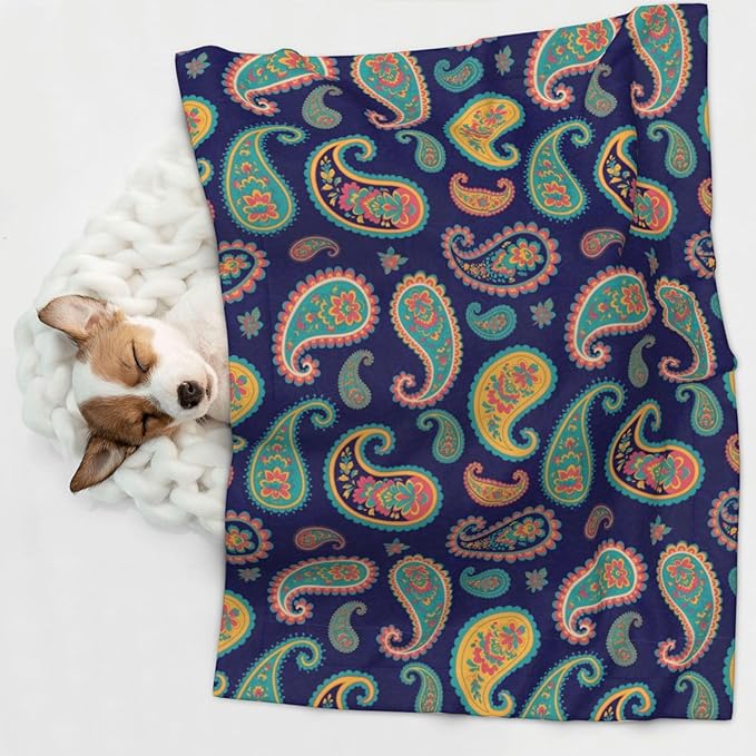 Two Sided Plush Pet Blanket for Crates Carriers Home Use, Colorful Paisley Flowers, Reversible Throw with Cozy Dot Fabric and Silky Reverse for Small Large Pets