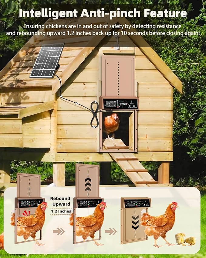 2025 Upgrade 7W Solar Power Chicken Door, Pet Deluxe Automatic Chicken Coop Door with 10PCS Wire Clip, Timer, Light Sensor, LCD Display & Anti-Pinch Durable Aluminum Auto Coop Door with 4 Modes-Brown