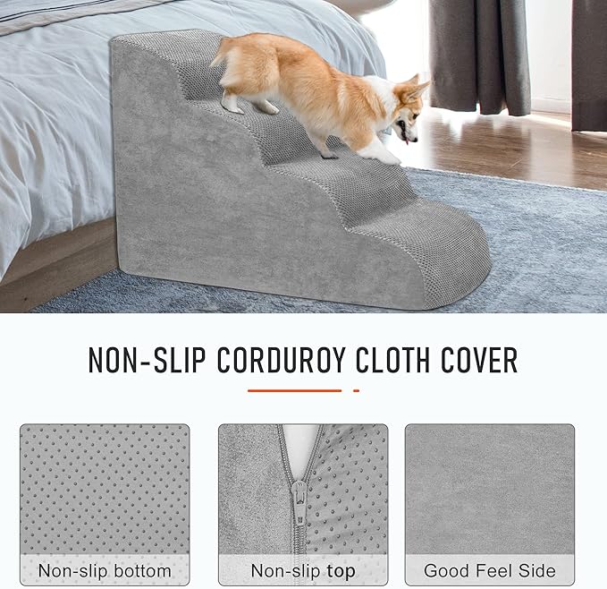 Dog Stairs for Small Dogs, High Density Foam Dog Steps, Extra Wide Non-Slip Pet Ramp for High Beds Or Couch, Soft Doggie Ladder for Dogs Injured, Older Pets, Small Cats (Fleece-Gray, 4 Steps)