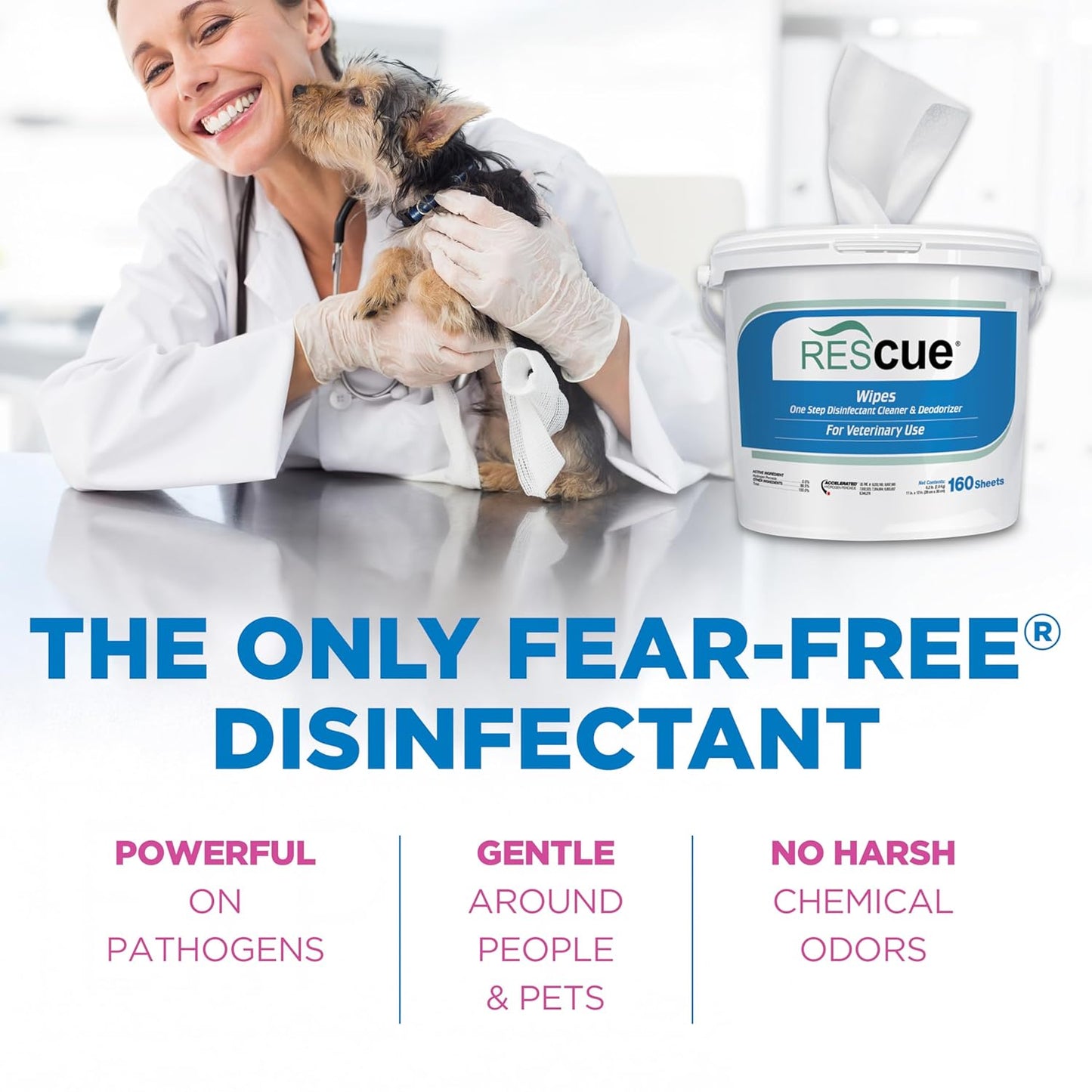 REScue One-Step Disinfectant Cleaner & Deodorizer Wipes for Vet Use – Cleaner for Kennels, Litter Boxes, Vet Offices, Pet Grooming Surfaces – Extra Large Wipes, 160-Count Bucket Refill (4 Pack)