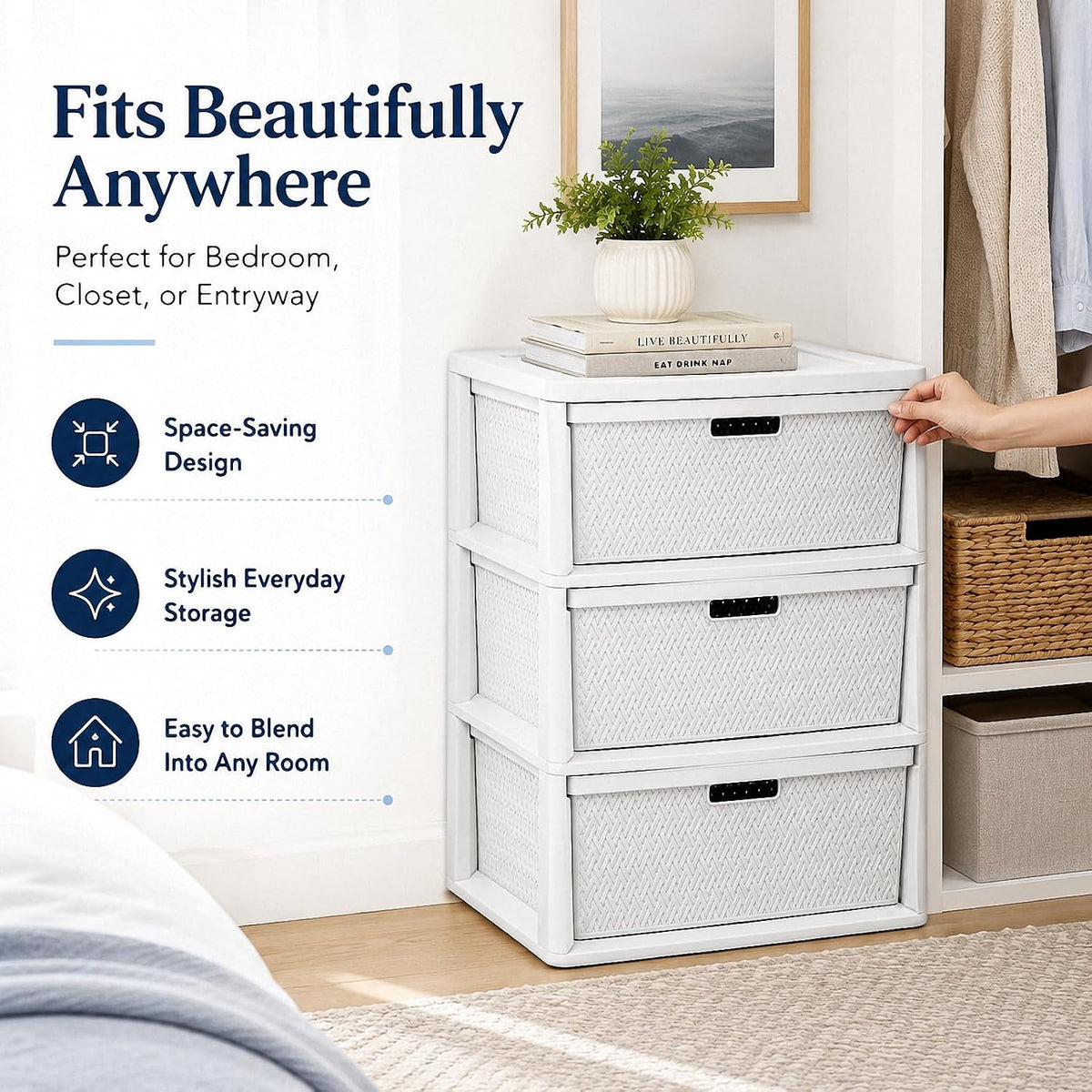 3 Drawer Storage Organizer, Plastic Drawer Organizer Tower, White