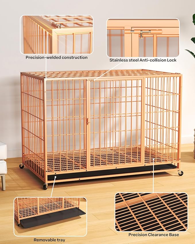 48 Inch Large Dog Crate, Escape Proof Dog Cage with Dual Door Lock and Swivel Casters,Removable Tray for Easy Cleaning, Dog Kennel Indoor Outdoor Use