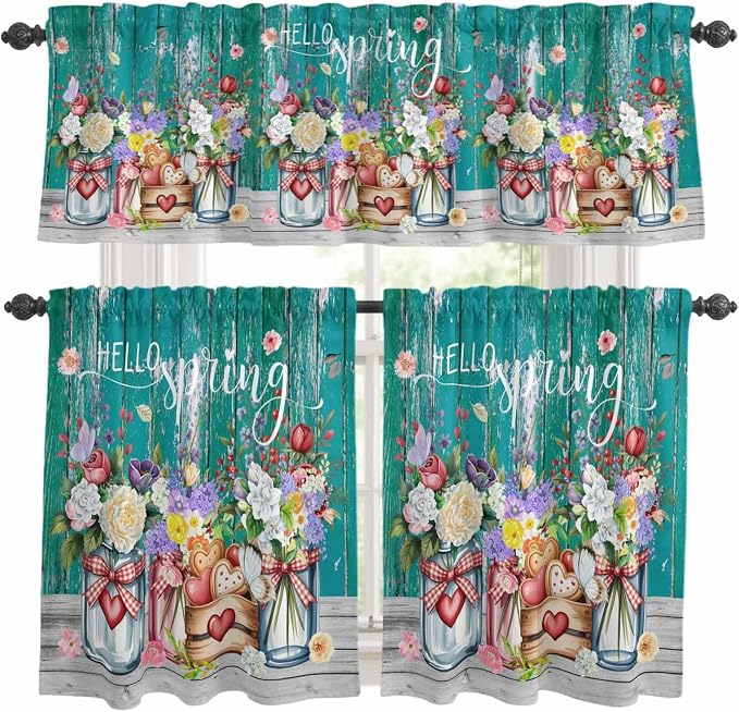 Spring Flowers Kitchen Curtains Set 3 Piece