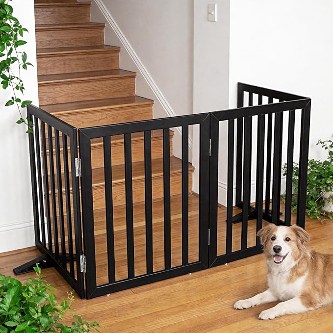 ZJSF Freestanding Indoor Dog Gate for House Foldable Wood Puppy Gate for Doorways Pet Gate for Stairs Extra Wide Pet Fence, Black, 24" Height 4 Panels