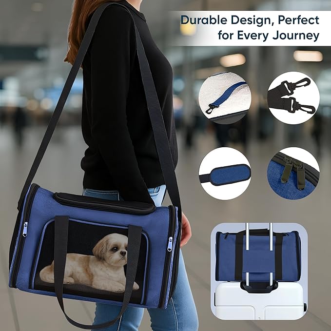Pet Travel Carrier Bag – Airline Approved Soft-Sided Dog & Cat Carrier, Foldable, Breathable Mesh, Washable Pad – Fits Pets up to 15 lbs – The Pup Quartet (Blue)