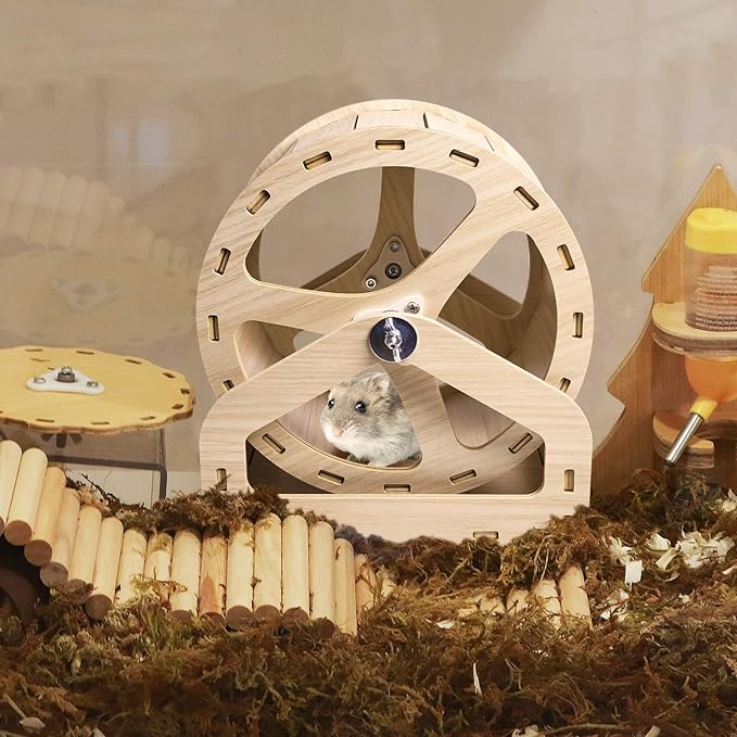 Hamiledyi Wooden Hamster Wheel, Small Pets Exercise Wheel, Silent Running Wheel for Gerbil, Mice, Dwarf Syrian Hamster (9.45in)