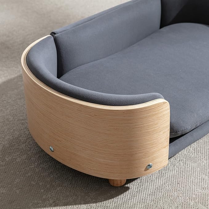 Scandinavian Style Elevated Dog Bed with Solid Wood Frame, Orthopedic Pet Sofa with Removable Washable Cover, Small Size Pet Furniture (Dark Gray)