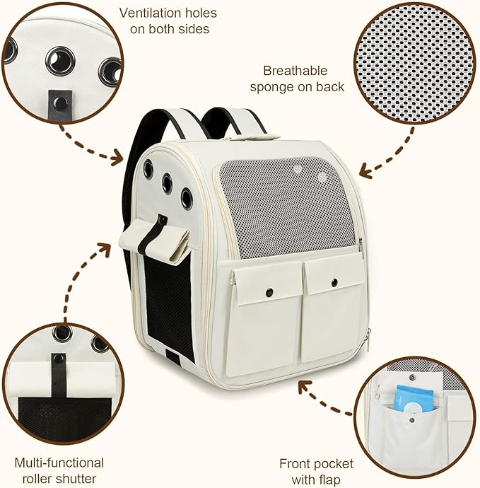 Airline Approved Cat Carrier Backpack - Ventilated Breathable Mesh for Small Dogs & Cats (15lbs), Soft Sided Dog Backpack for Hiking, Camping, Travel & Vet Visits with Padded Straps (White)