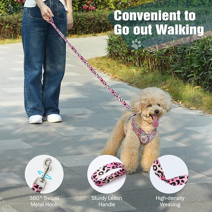 Pawaboo Small Dog Harness and Leash Set, Puppy Harness X-Frame No Pull No Choke, Dog Vest Harnesses Adjustable for Small Medium Sized Dogs,Soft Breathable Pet Harnesses, S, Magenta Leopard