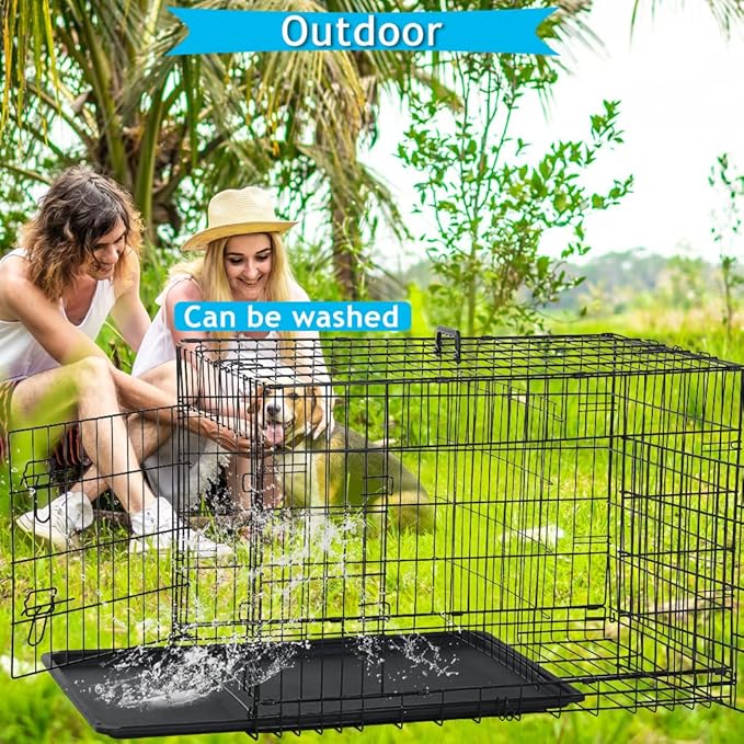 Dog Crate for Large Medium Small Dogs, Folding Dog Kennel Cage with Plastic Tray & Divider 48"/42"/ 36"/ 30"/ 24" Indoor Outdoor Metal Double Door Heavy Duty Dog Pen Enclosure, Black(30 Inch)