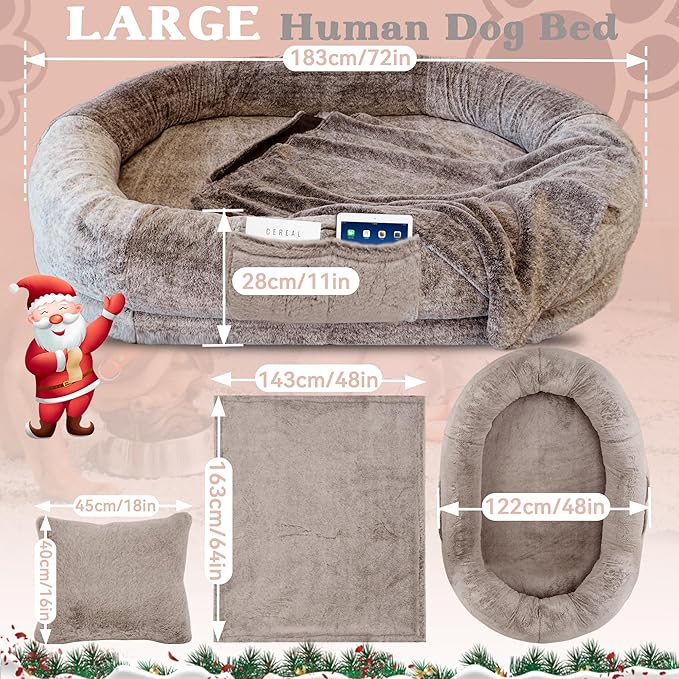 Human Dog Bed, 72"x48"x11" Extra Large Bean Bag Bed for Adults and Dogs, Ultimate Comfort Washable Fur and Blanket (Brown)