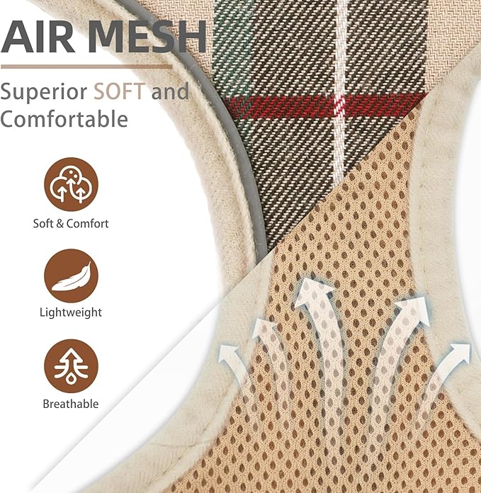 PUPTECK Soft Mesh Dog Harness Small Sized and Leash Set Pet Puppy Cat Comfort Padded Vest No Pull Harnesses, Beige Plaid, Openable Neck, New M
