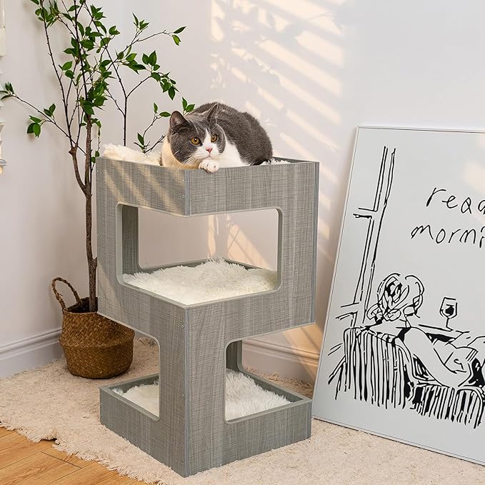 ACH Modern Cat Furniture Cat Tree Spacious Perch Multi-Level Cat Tower for Indoor Cats 27.5 Inch Luxury Cat Tree Stand House for Kittens with Removable Soft Blanket and Condo