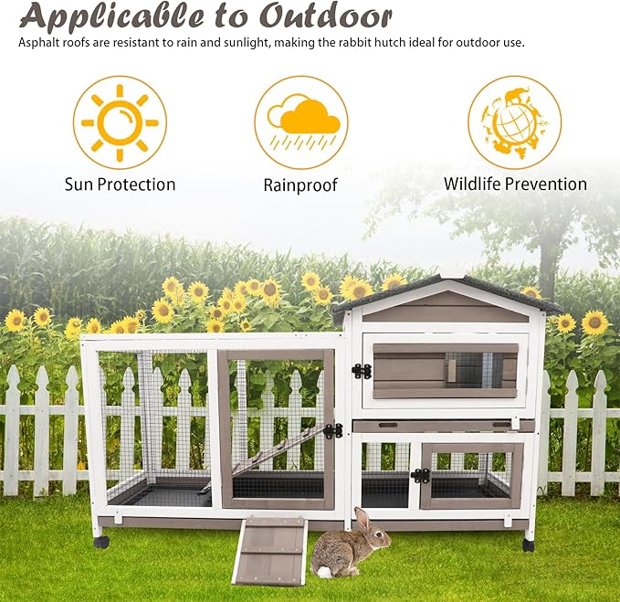 Rabbit Hutch Indoor Outdoor 2 Story Bunny Cage with 3 No Leak Trays,55.31" L Guinea Pig Cages Rabbit Cage with 6 Wheels for Guinea Pig,Rabbit for Rabbit Lover|Pet Lover(White/Grey)