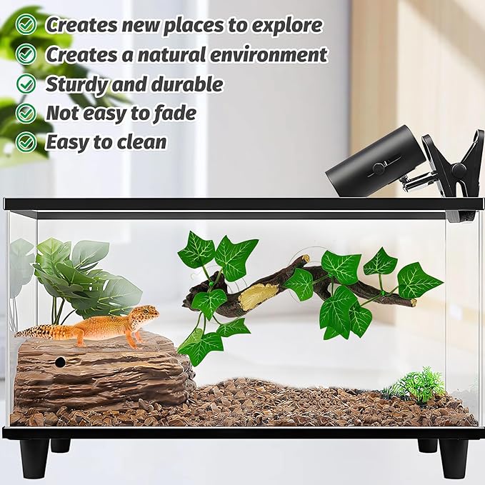 PINVNBY 2 PCS Reptile Corner Branch Terrarium Plant Decoration with Suction Cup Resin Plant for Amphibian Lizard Snake Climbing