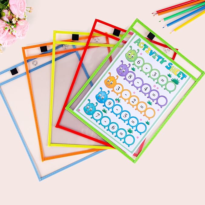 AKONEGE 30 Pack Oversized Dry Erase Pocket Sleeves - 10 x 13 Inch Ticket Holders Reusable Clear Plastic Sleeves Sheet Page Protectors for School Teacher Supplies & Classroom Organization, 5 Colors