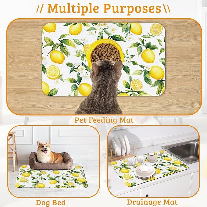 Lemon Feeding Mat,Green Leaves Absorbent Quick-Dry Cat Dog Food and Water Bowl Mats,Non-Slip Rubber Backing Mat,Cat Dog Accessories Supplies 16" x 24"