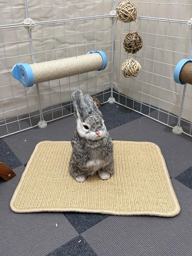 Rabbit Scratcher Mat 4 Pack Natural Sisal Bunny Scratching Mats, Small Animal Scratch Pad Rug for Indoor Grinding Claw Pad for Guinea Pigs Chinchillas (Beige)