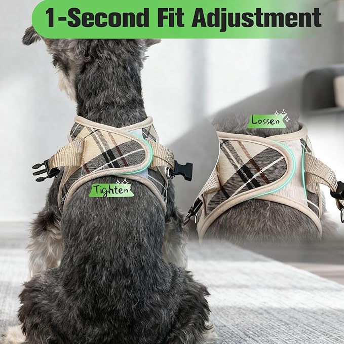 EXPAWLORER Plaid Small Dog Harness and Leash Set with AirTag Holder - Soft Padded Step in Dog Vest Harness Medium Sized Dog, No Pull Reflective Puppy Harness, Collar and Leash for Walking, Khaki XXS