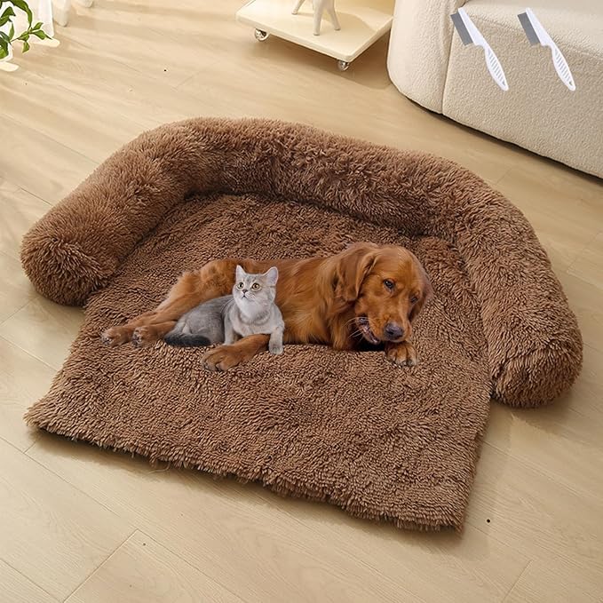 Dream Cloud Pet Sofa Bed for Dogs Cats, 2026 Washable Removable Calming Fluffy Plush Mat for Furniture Protector, Long Fur Non-Slip, for Small/Medium/Large Home Pets (Brown, XL: 47.2 * 37.4IN)