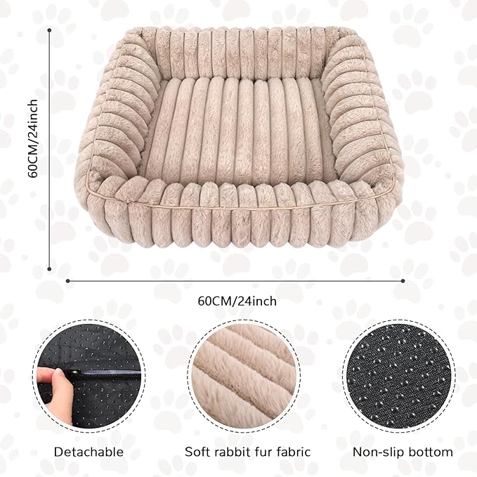 Dog Bed Rectangle, Washable Sleeping Pet Bed, Ultra Soft Puppy Sleeping Mat for Small Dogs and Cats with Anti-Slip Bottom(24×24inch, Camel)