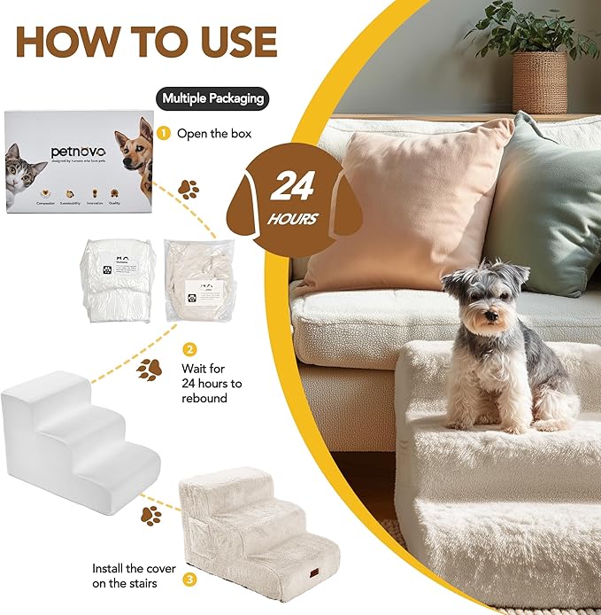 PETNOVO Ultra-Soft Rabbit Fur-Like Dog Stairs for Couch/Bed, Luxury Comfort 2-Step for Small & Senior Dogs, Non-Slip, Removable Washable Cover, OEKO-TEX Certified, 15.7"D x 15.7"Wx 11.8"H, Off White