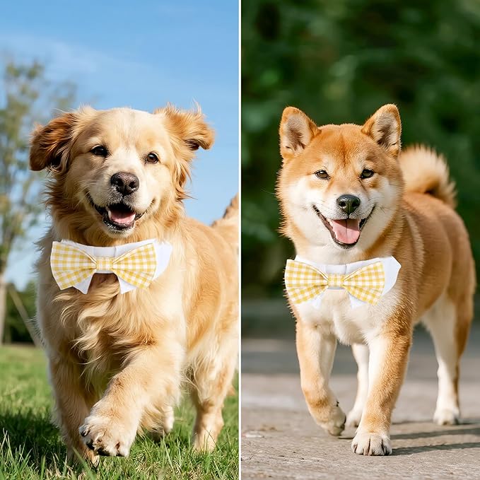 Segarty Dog Bow Tie, Adjustable Yellow Plaid Bowtie Collar for Neck Girth 10.2-12.6in, Medium Neck Tie Tuxedo Comfortable Cotton Boy Pet Grooming Accessory for Formal Wedding Holiday Birthday Party