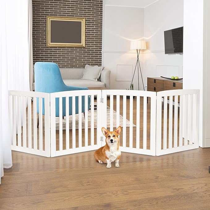 ZENY 24 Inch Pet Dog Gate, Foldable Freestanding Dog Door 4 Panel, White Wooden Z Shape Step Over Pet Fence for Entryway, Stairs, Doorway, White