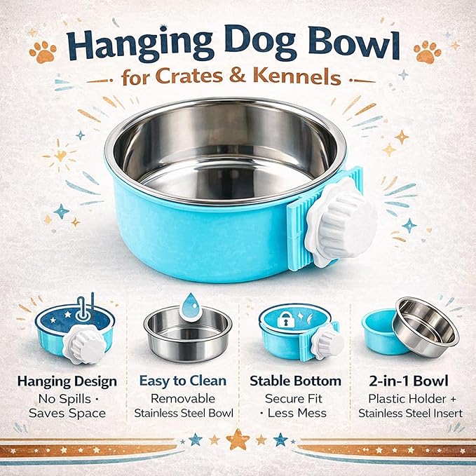 HERCOCCI 4 Pack Dog Crate Bowls, Hanging Removable Stainless Steel Food and Water Bowls for Puppies, Small Dogs, Cats, Rabbits & Ferrets (Blue, Green, Red, Grey)