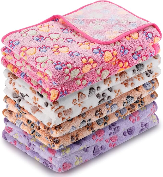 Tatuo 4 Pcs Dog Blanket for Pet Cat Blankets Indoor Puppy Teething Stuff Toys Paw Print Fleece Soft Blanket Sleep Mat for Guinea Pig Cage(White, Coffee, Pink, Purple,Large(36 x 36 Inch),Square)