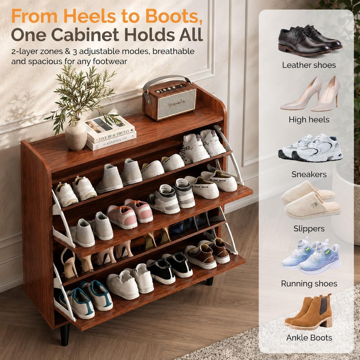 VINGLI Shoe Storage Cabinet for Entryway with 2 Flip Drawers, Ultra Slim Freestanding Entryway Shoe Organizer with Wood Tapered Legs,Hidden Closed Shoe Rack,31.6" W * 9.4" D * 39.4" H, Walnut