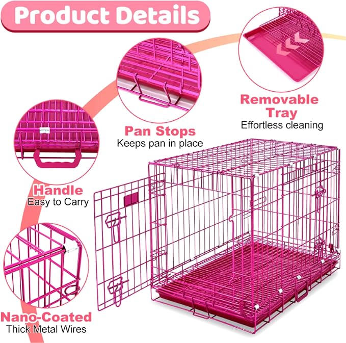 HOMEY PET 30 Inch Pink Dog Crate, Cute Dog Cage Medium Sized Collapsible Small Dog Kennel Indoor Nano-Coated Metal Wire Dog Crate with Removable Floor Grid Tray, Double Doors Dual Locks, Handle