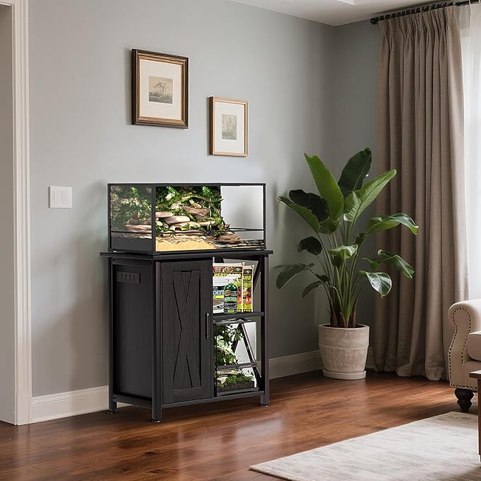 45-67 Gallon Reptile Tank Stand with Power Outlet, Terrarium Stand with Storage Cabinet, 24" Wx18 D Tabletop, Reptile Terrarium, Black PG12XYB