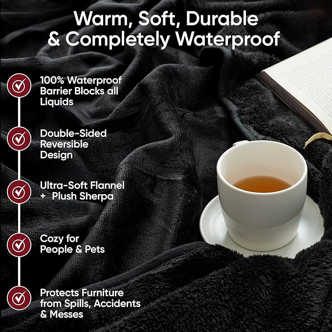 Waterproof Pet Blanket, Liquid Pee Proof, Sherpa Fleece Protector – Pet Hair Resistant Water Proof Bed Cover for Dogs Couch Sofa Car Bedding Comforter (Red, 60"x80")