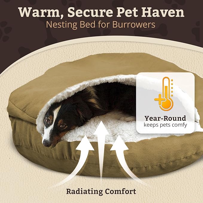Snoozer Cozy Cave Dog Bed - Indoor Dog Bed with Cover Cave, Covered Calming Burrow for Medium & Large Sized Pets with Blanket Attached, Enclosed, Removable Washable Cover - XL, Khaki