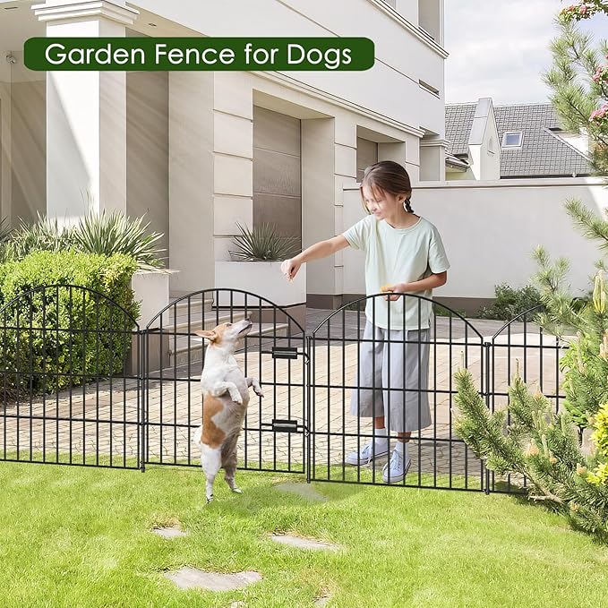 Metal Garden Fence with Gate 28in (H) x 37.3ft (L), 1 Gate + 15 Panels Dog Fences Border Fence Animal Barrier, No Dig Garden Fencing for Yard Backyard Landscape, ECG2816G Black
