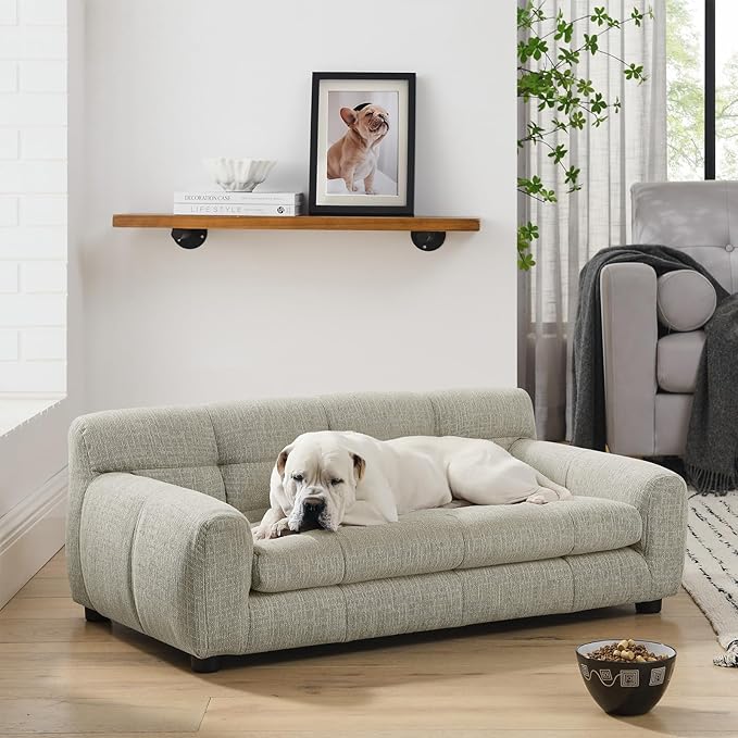 38" Pet Sofa Couch for Small and Medium Dogs, Soft Foam Cushion Dog Couch with Backrest & Armrests, Short Leg Stable Design, Durable Linen Fabric Pet Bed, Modern Style