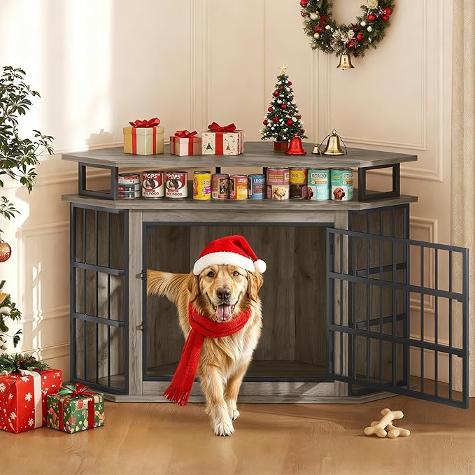 Corner Dog Crate Furniture with 2-Tier Shelves，51" Large Dog Kennel Indoor Wooden TV Stand, Modern Dog Cage Decorative Pet House