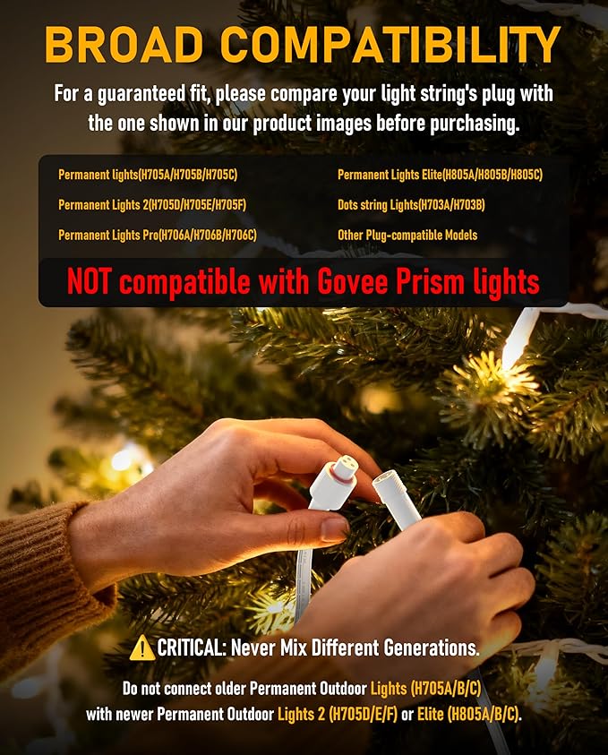 Y-Splitter for Govee Permanent Outdoor Lights, Waterproof Y-Connector Extension Cord Compatible with Govee 3Pin H705A/B/C, Expand Holiday Lighting for Christmas, New Year, Roof, 1 Female to 2 Male