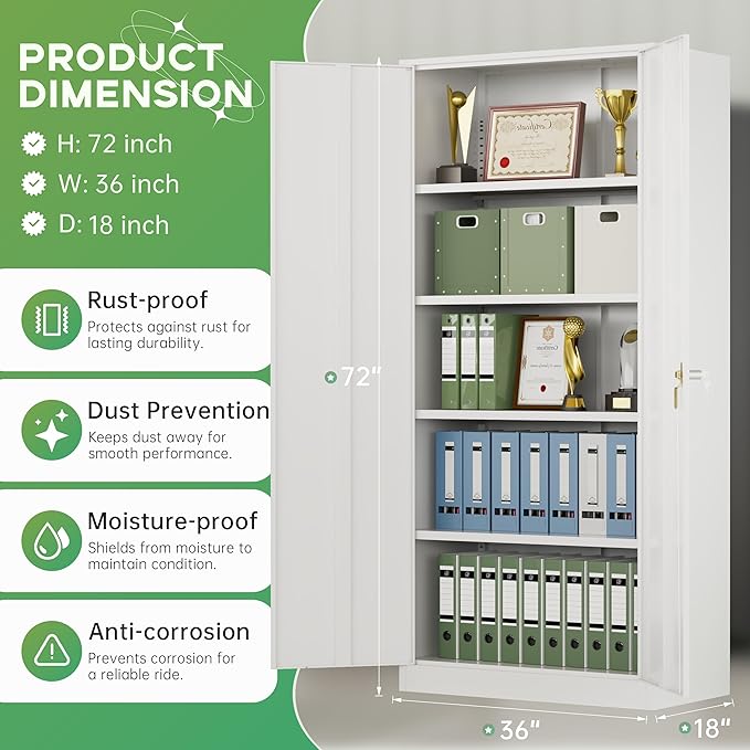 INTERGREAT Metal Storage Cabinet,72" Steel Lockable File Cabinet with Locking Doors and Adjustable Shelves,Locking Tool Cabinets for Office,Home,Garage,Gym,School (White)