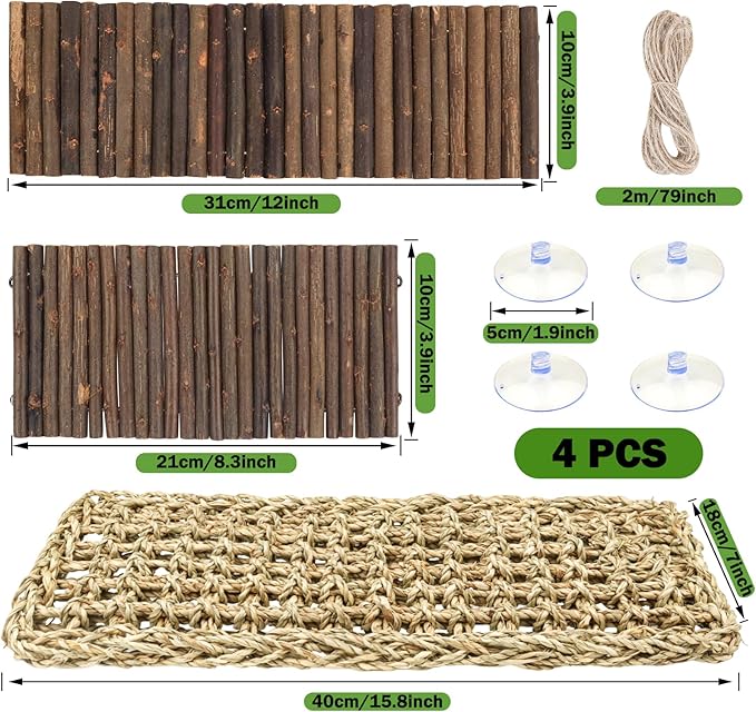 Bearded Dragon Tank Accessories, 3pack Reptile Habitat Hammock Natural Seagrass and Natural Wood Bendable Bridge for Climbing, Hermit Crab, Lizard, Mice, Spiders, Turtle, Snake