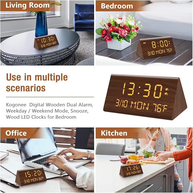 Kogonee Wooden Digital Alarm Clock, 0-100% Dimmer, 2 Alarm Settings,