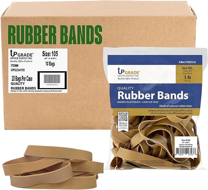 Upgrade Rubber Bands, Size 105, 1 lb Bags, 20-Pack Case, Made in USA