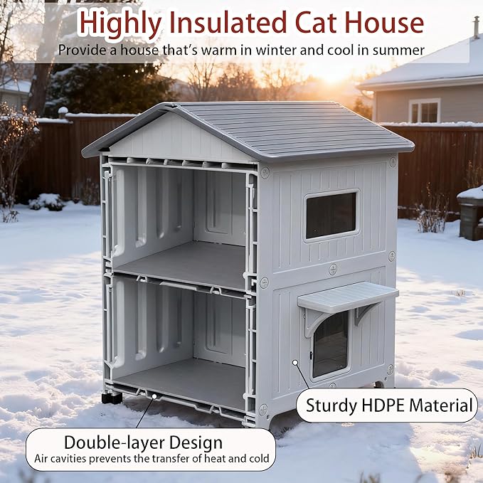 Rockever Plastic Outdoor Cat House with Soft Mat, Insulated Outdoor Cat Houses for Winter, Waterproof 2 Story Outside Cat Shelter, Clean and Assemble Easily